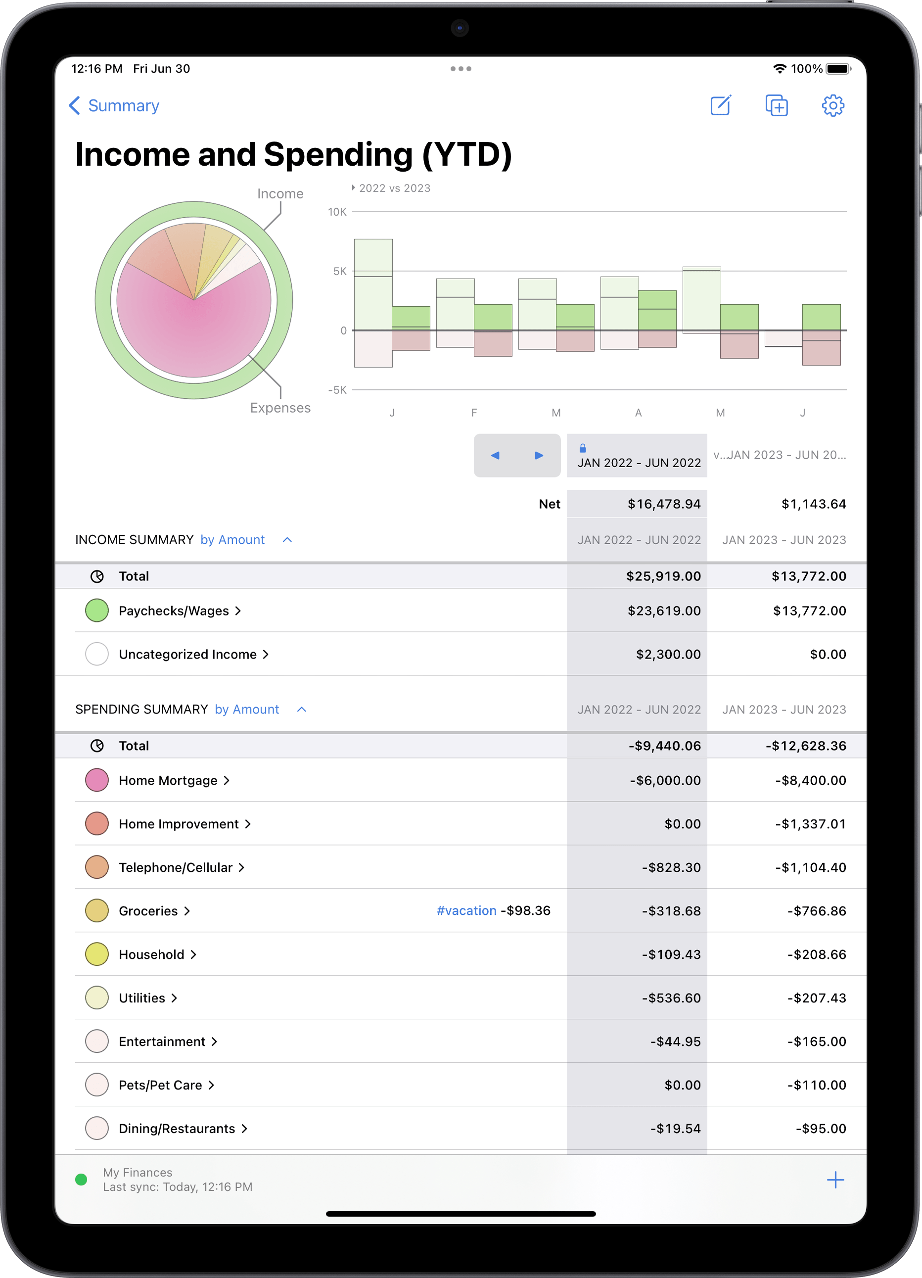 Screenshot of income and spending report on iPad