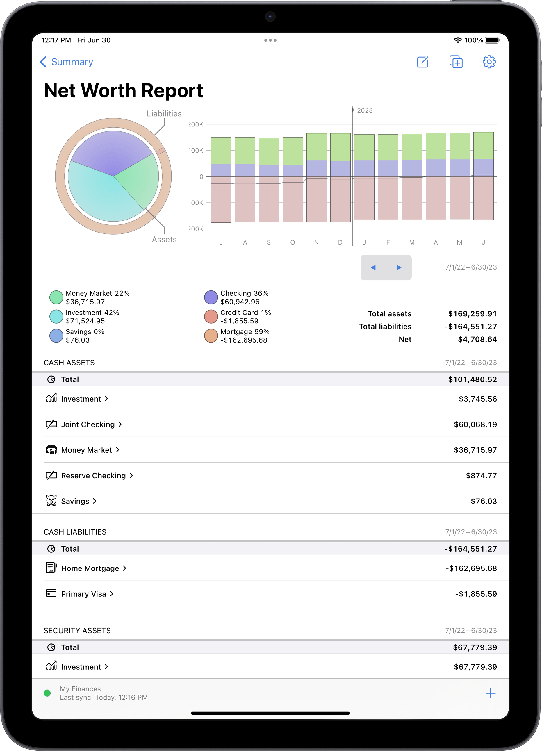 Screenshot of net worth report on iPad