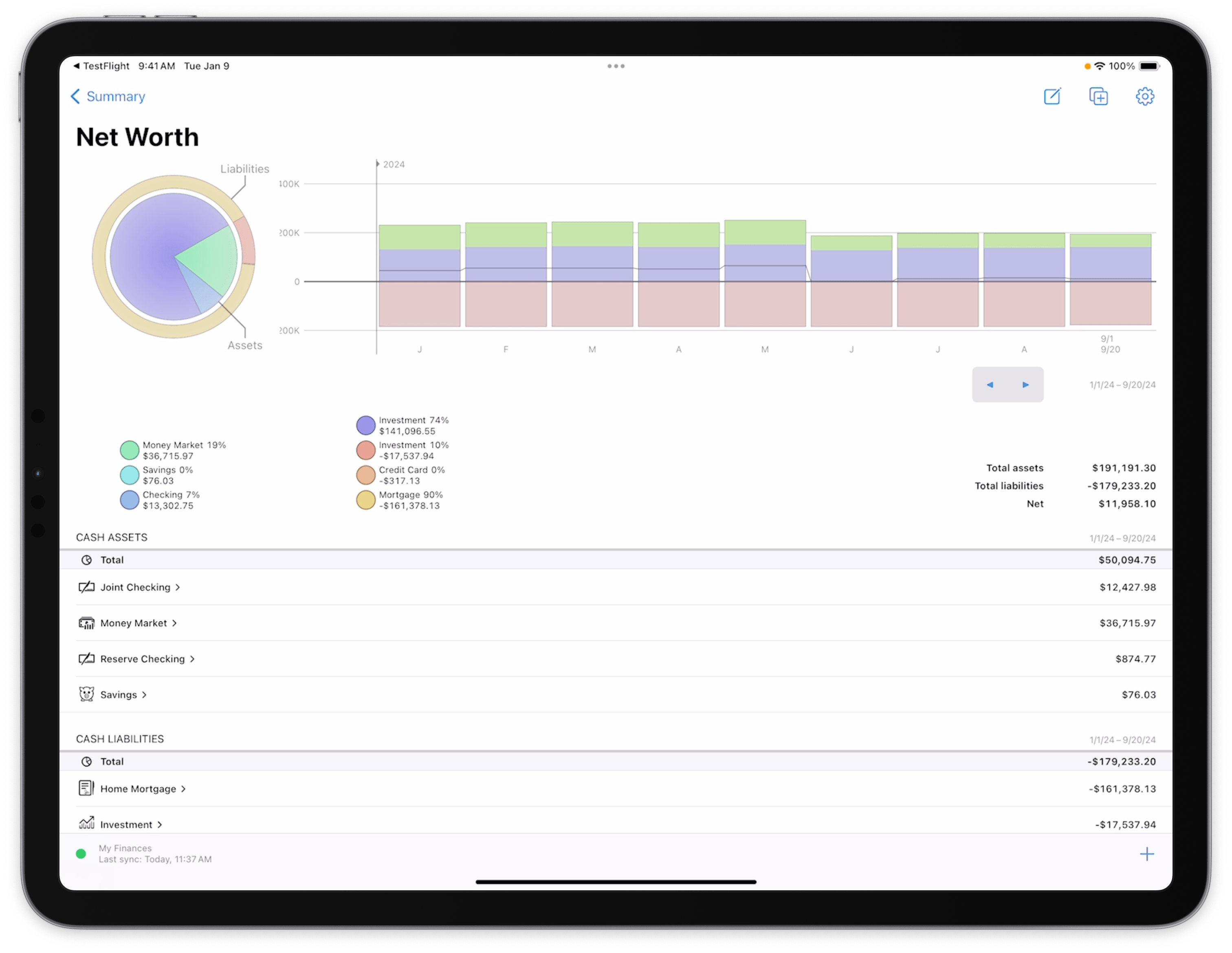 Screenshot of net worth report on iPad in landscape orientation