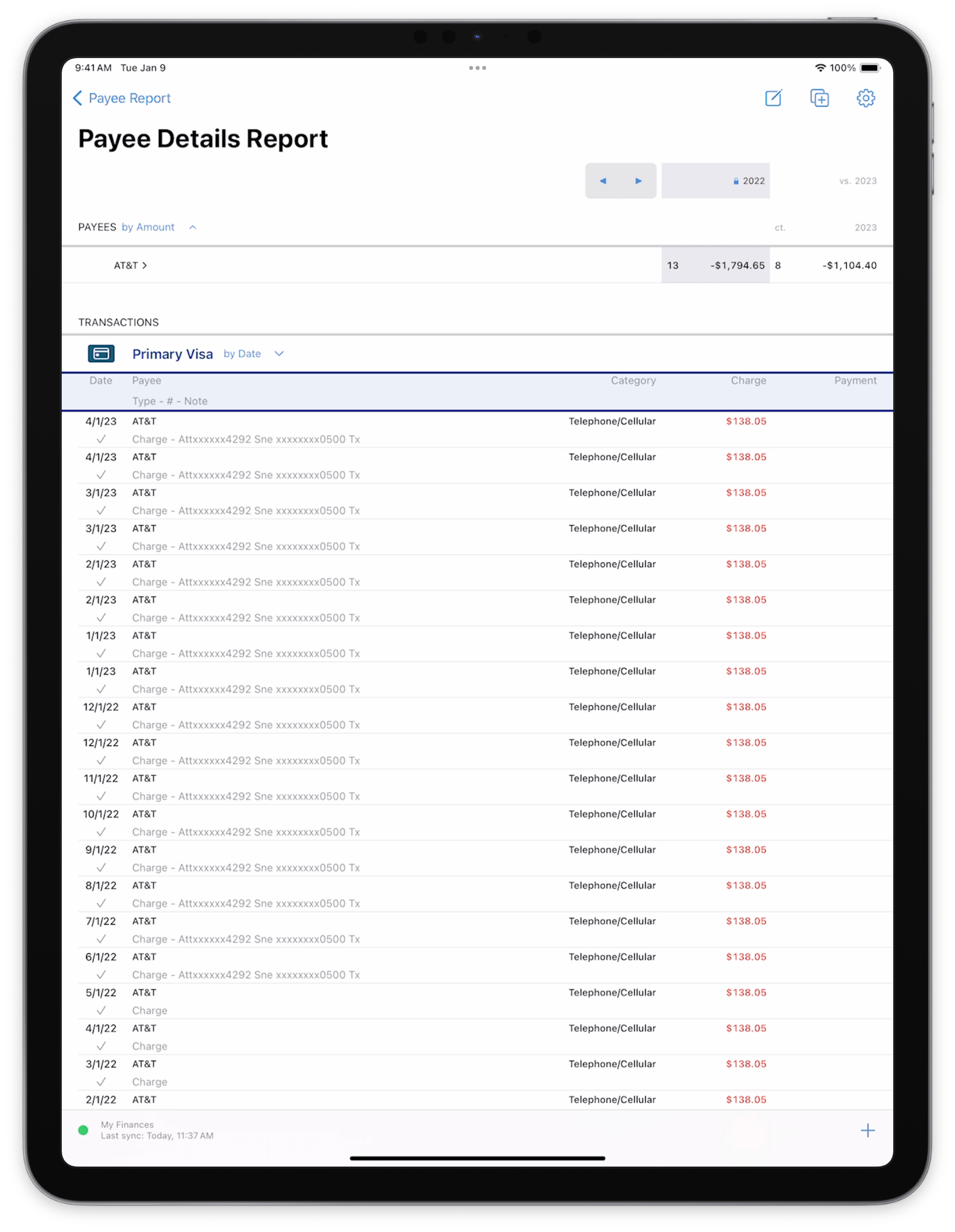 Screenshot of payee details report on iPad