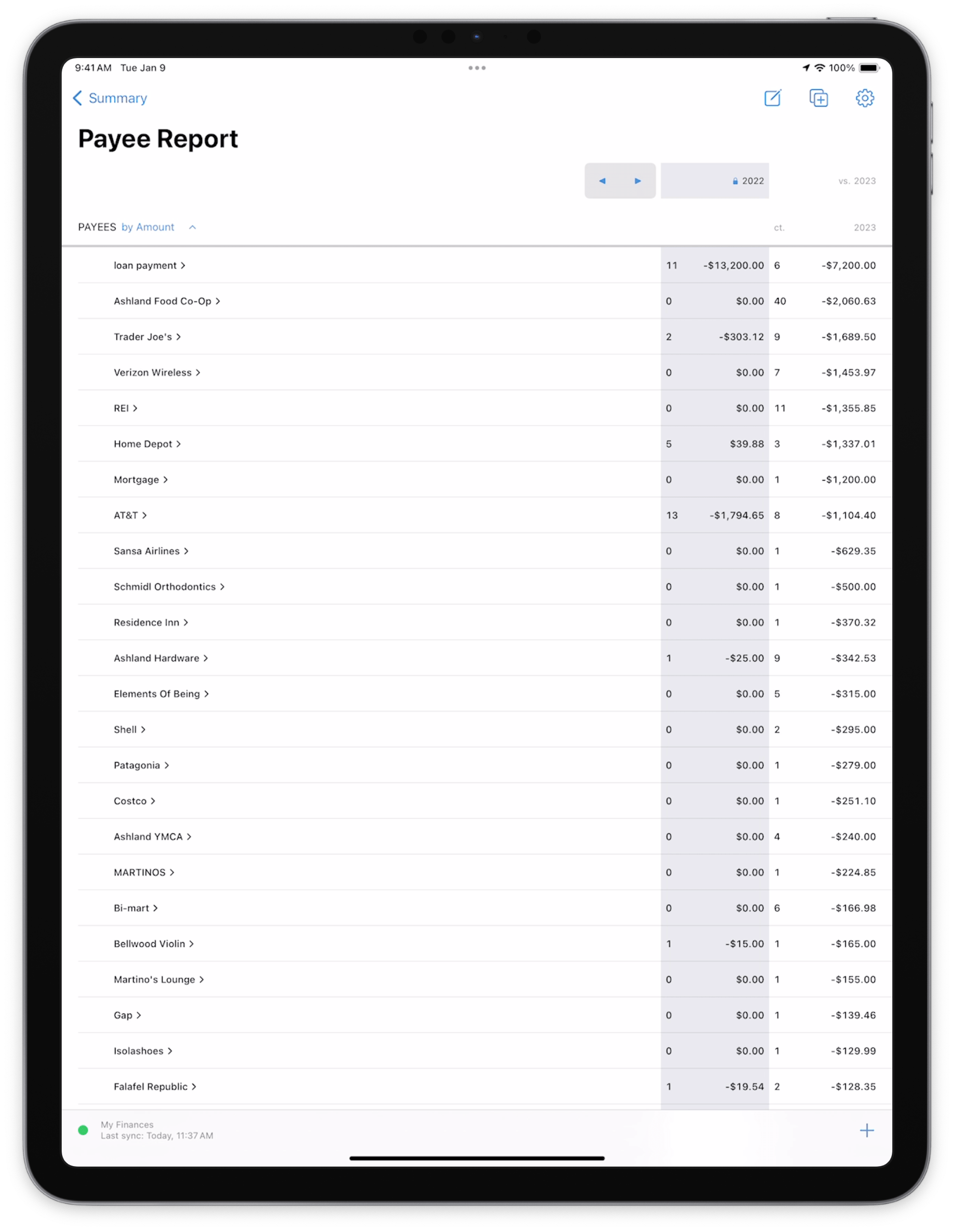 Screenshot of payee report on iPad