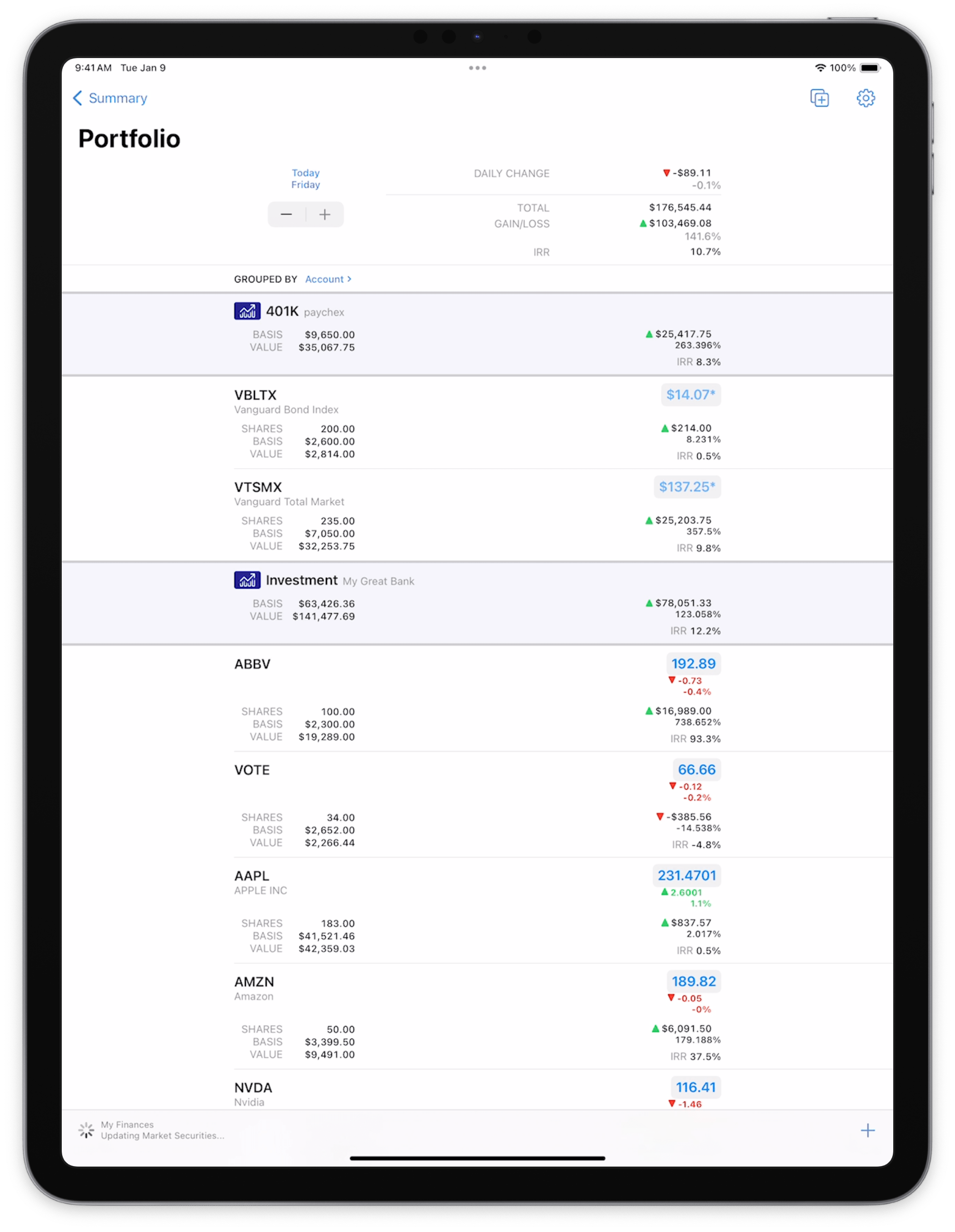 Screenshot of portfolio view on iPad