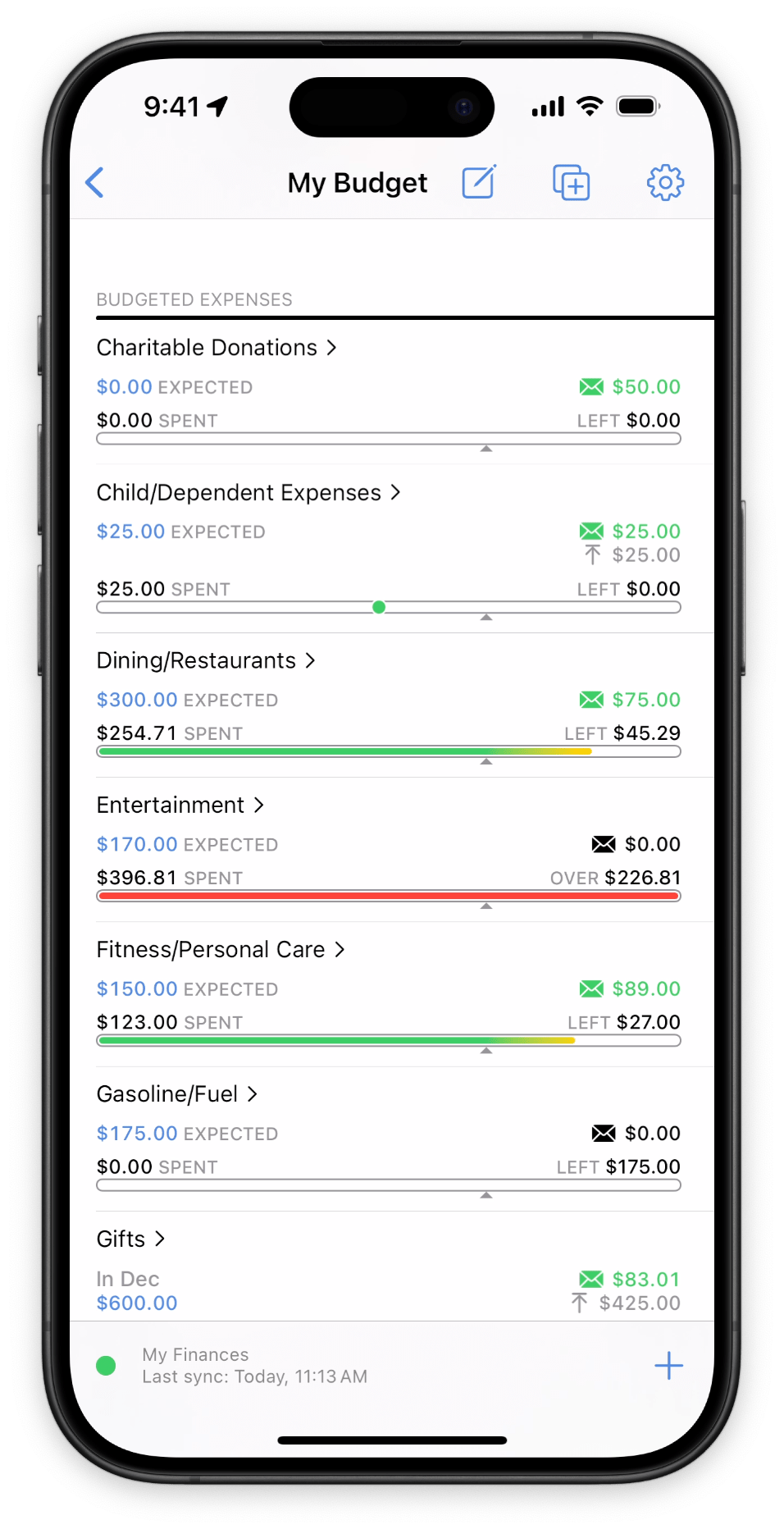 Screenshot of budget on iPhone