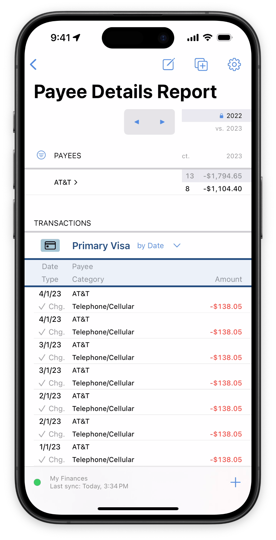 Screenshot of payee details report on iPhone