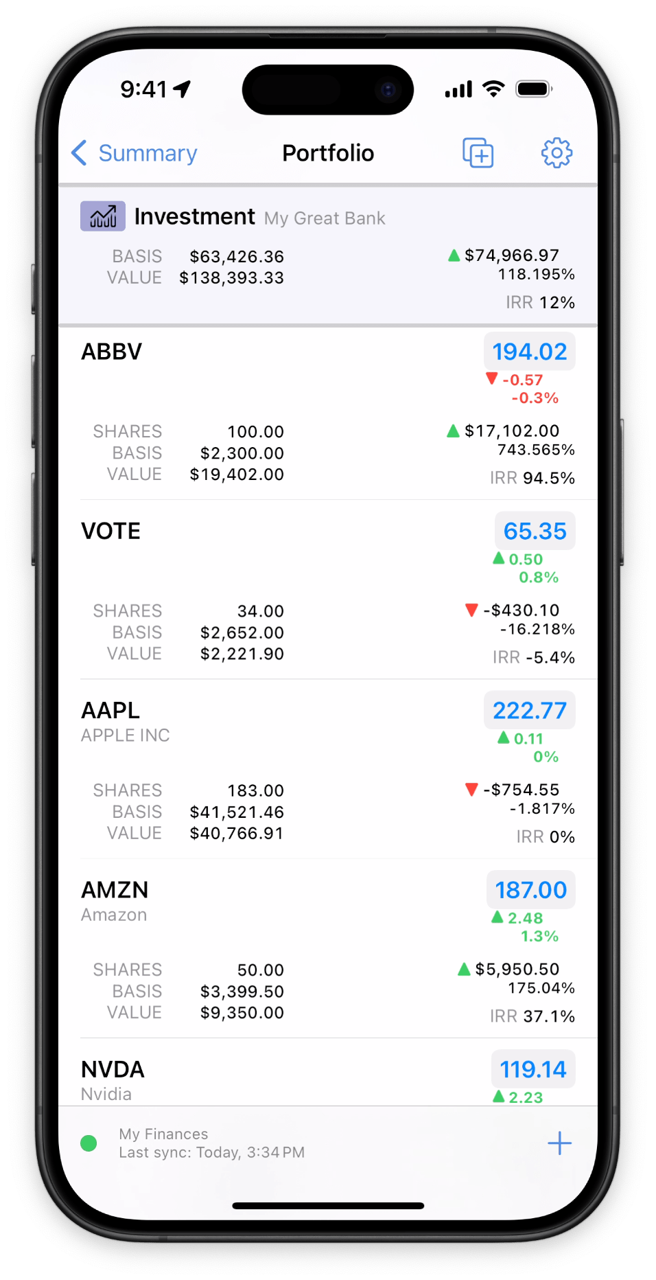 Banktivity screenshot of investment portfolio on iPhone