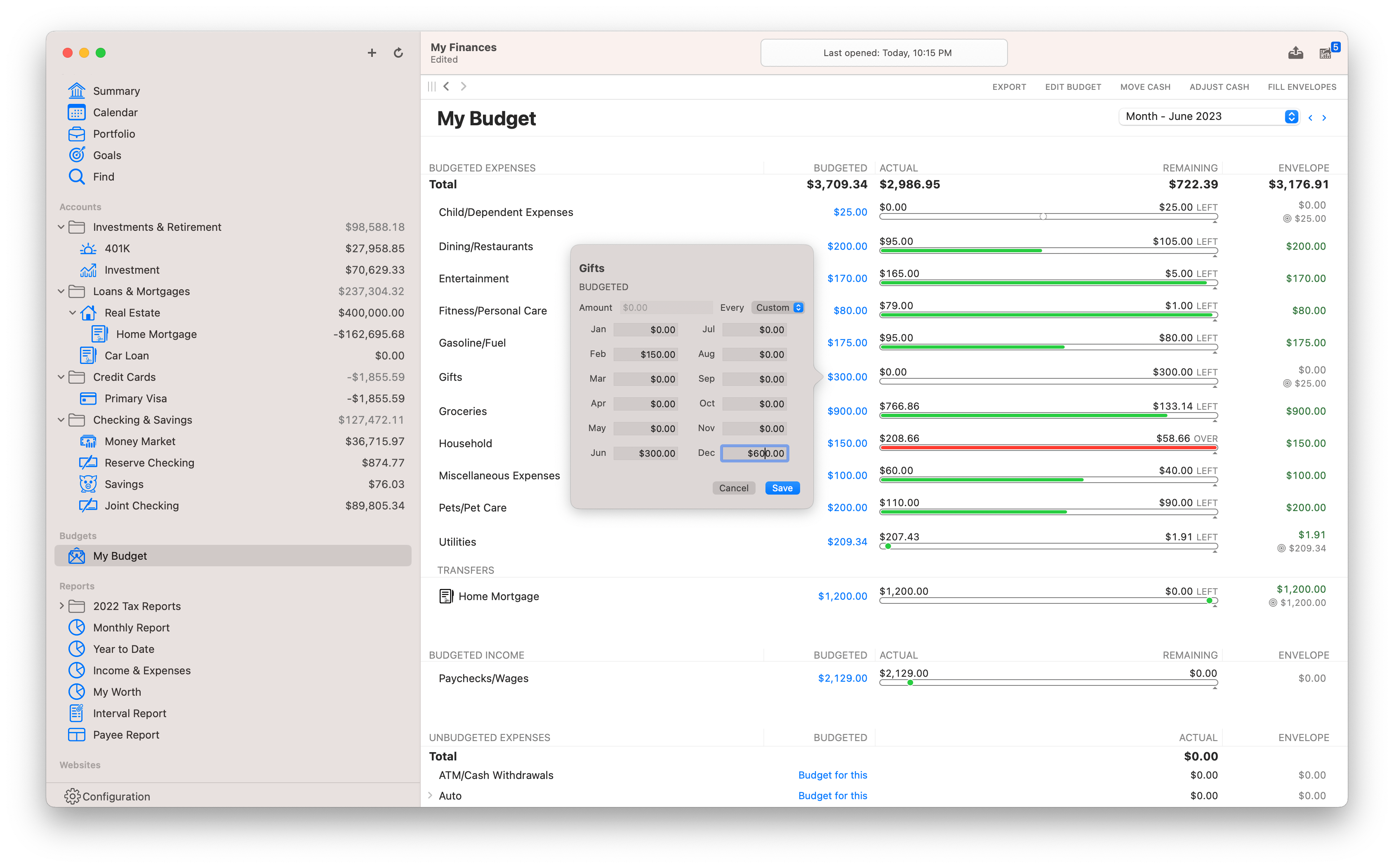 Screenshot of income and spending report on iPad