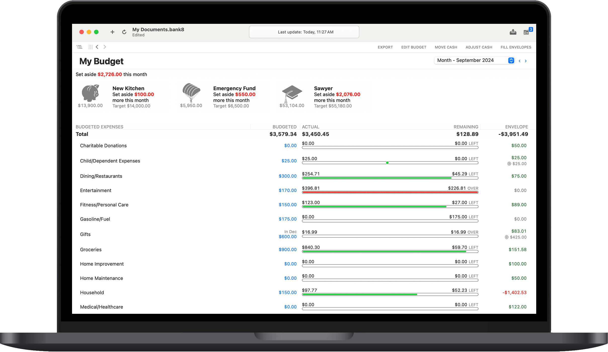 Banktivity budget on Mac with collapsed sidebar