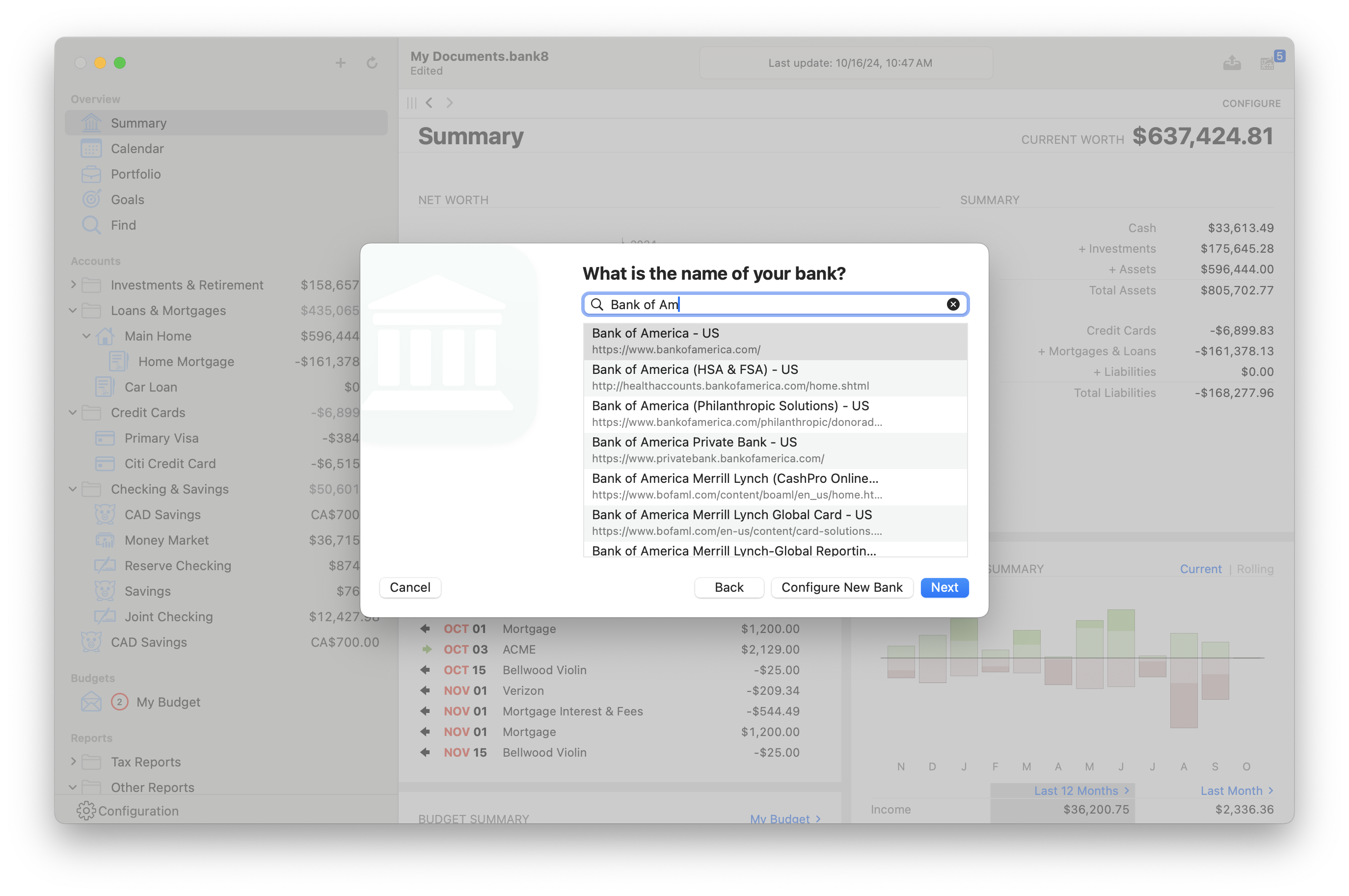 Screenshot of Banktivity for Mac showing searchable bank list