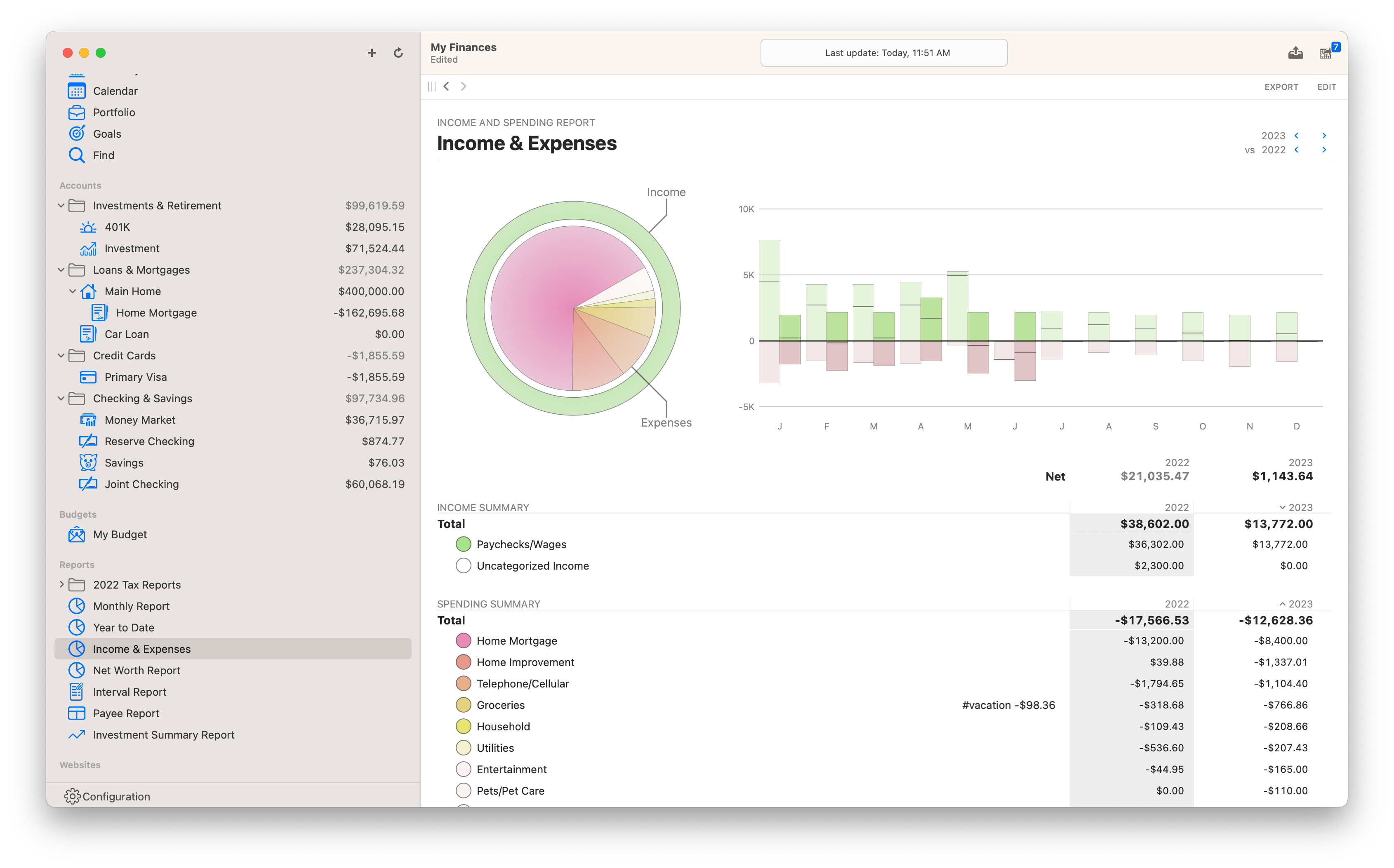 Screenshot of income and expense report on Mac