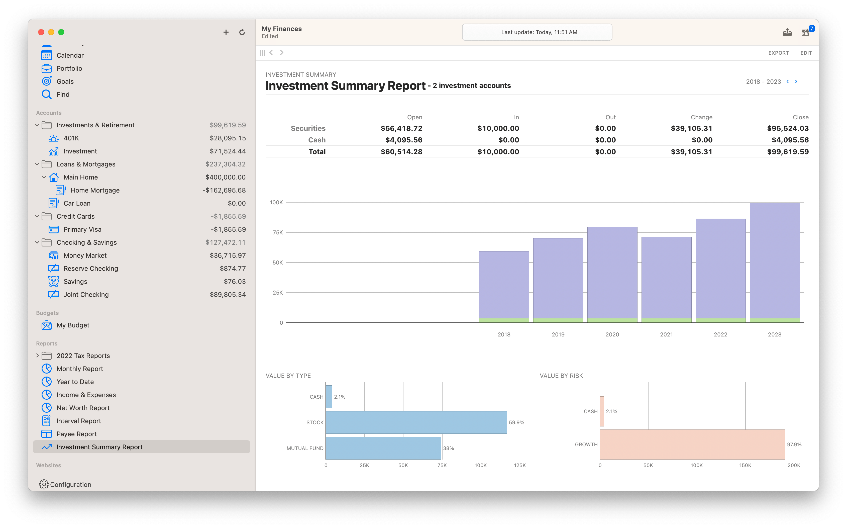 Screenshot of top section of investment summary report on Mac