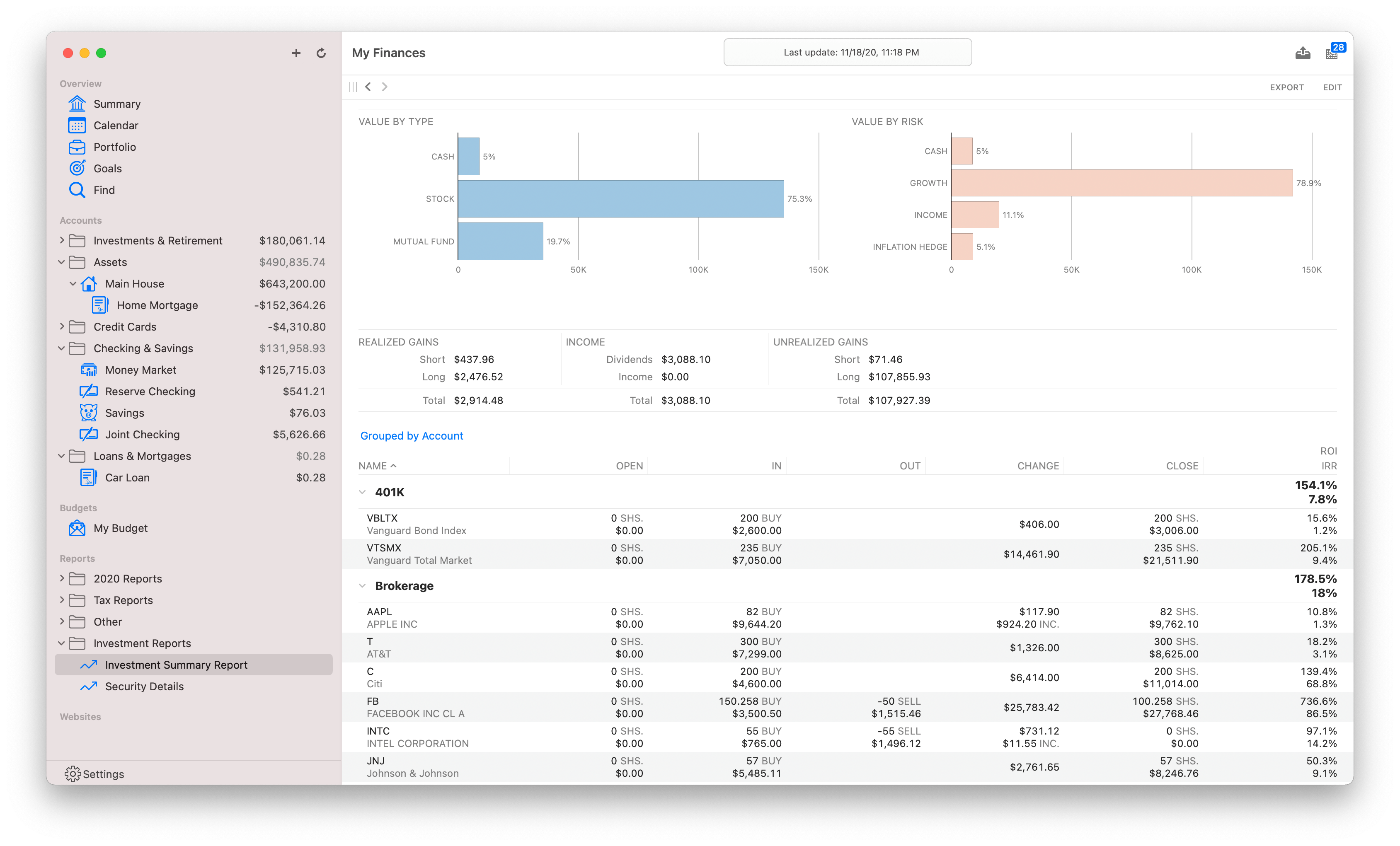 Screenshot of bottom section of investment summary report on Mac