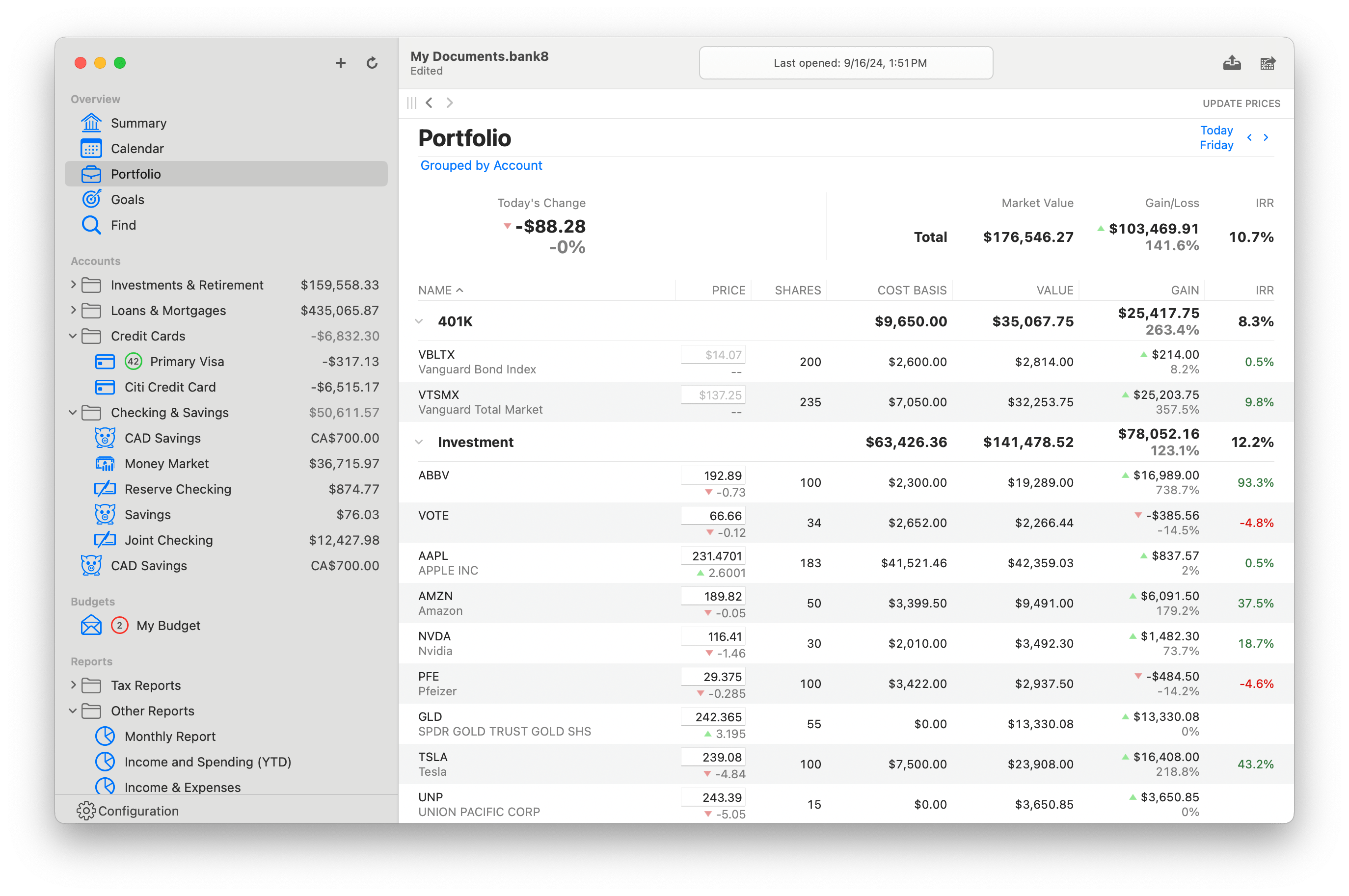 Screenshot of portfolio view on Mac