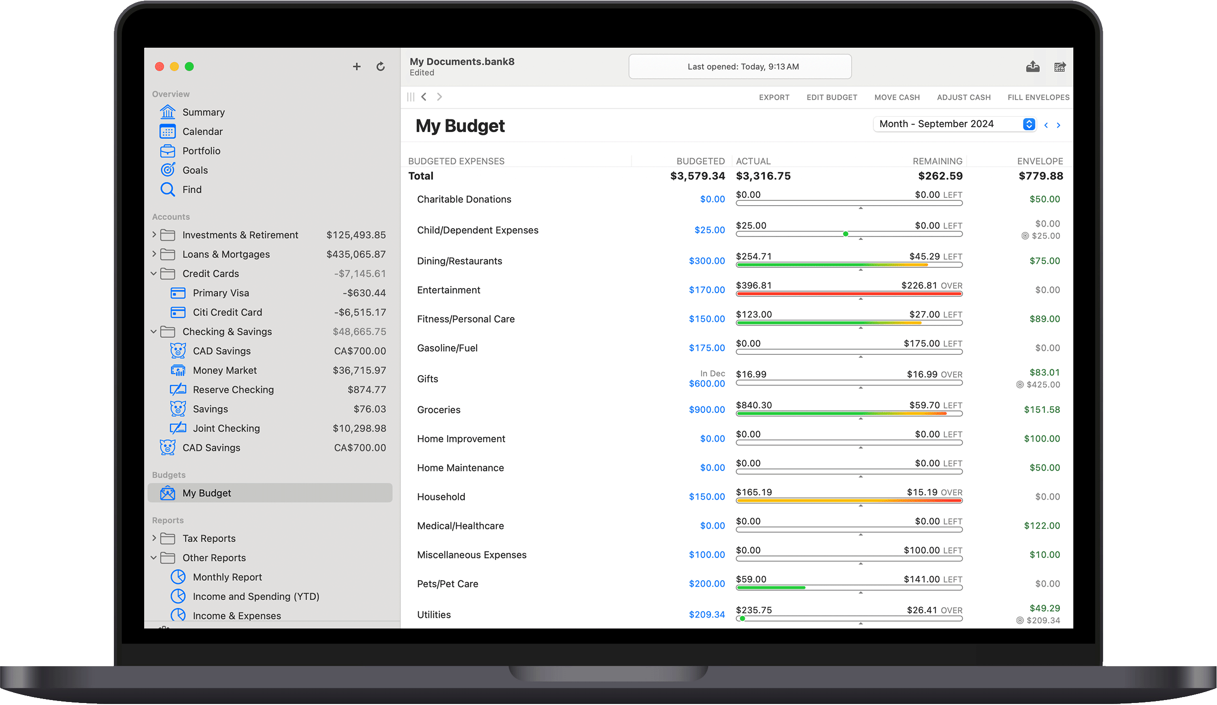 Banktivity budget on Mac with collapsed sidebar