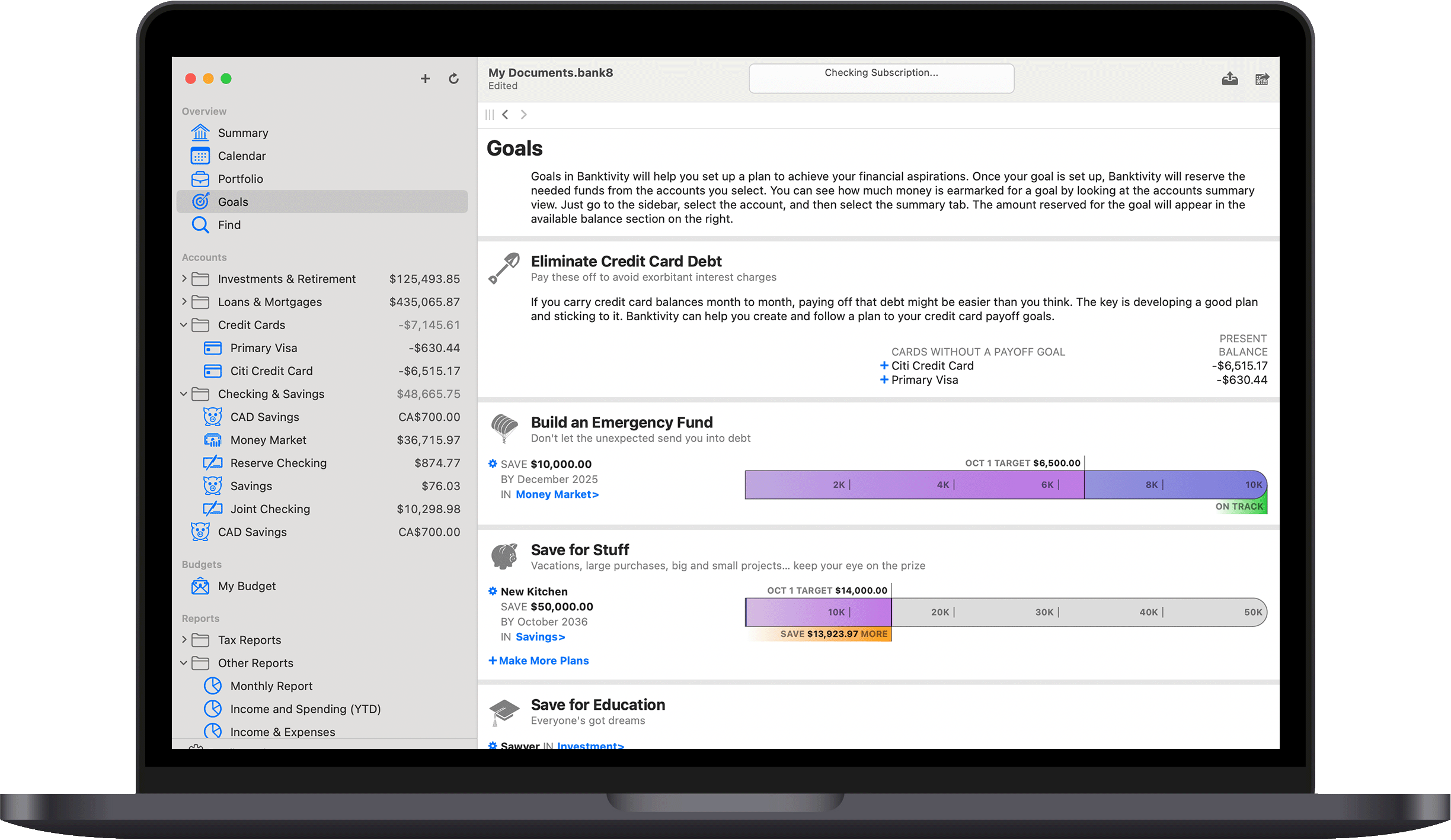 Banktivity budget on Mac with collapsed sidebar