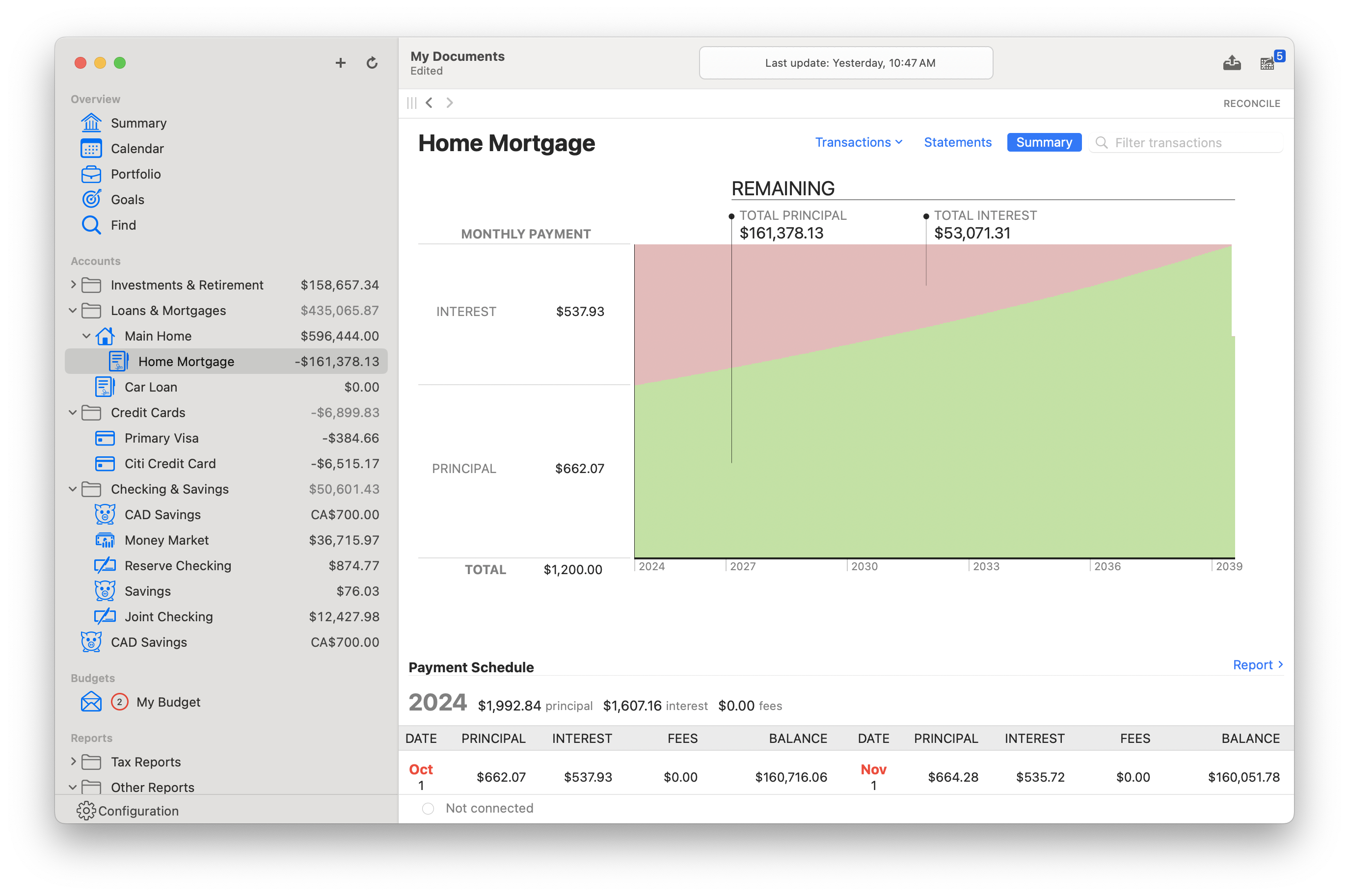 Screenshot of mortgage amortization graph and paydown table on Mac