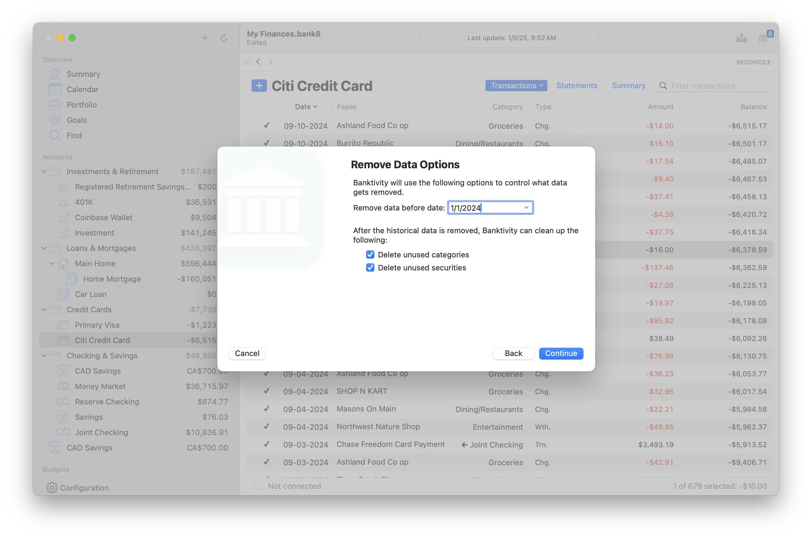 Screenshot of Remove Historical Data assistant sheet on Mac