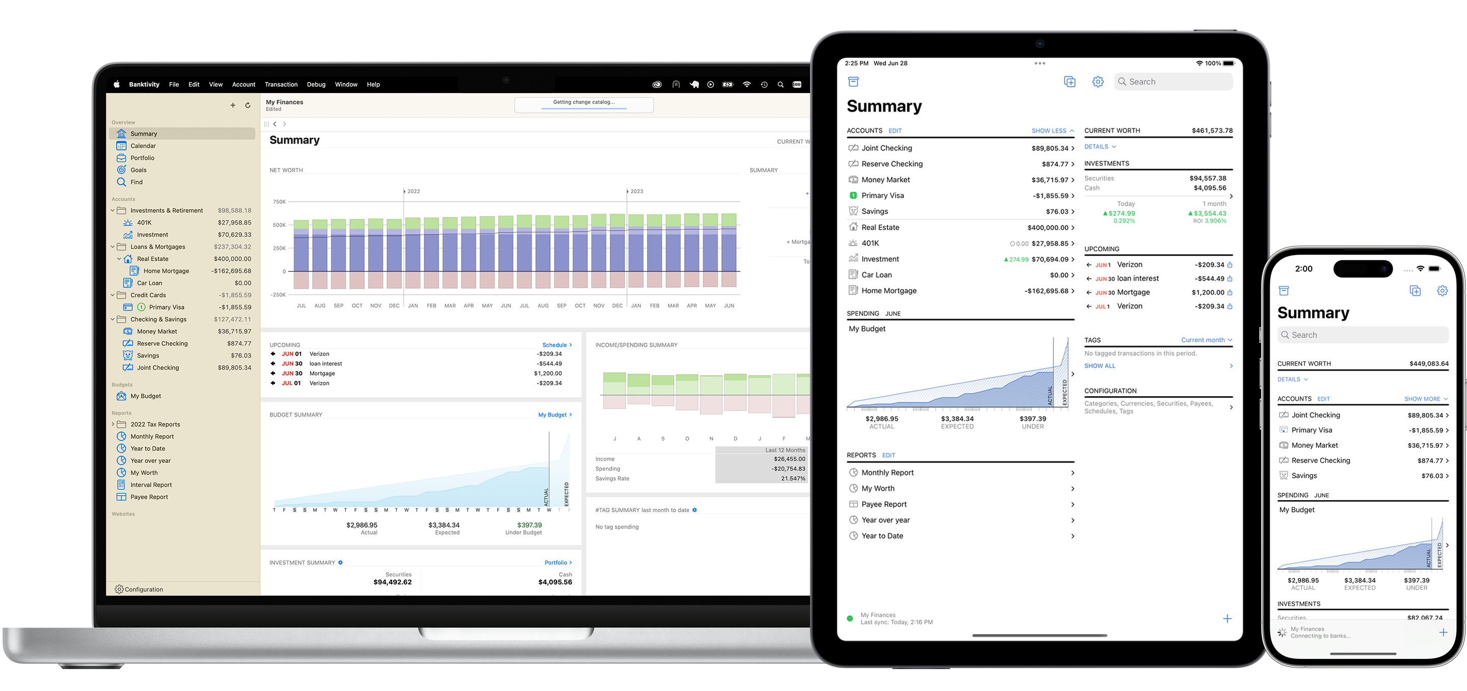 MacBook Pro, iPad and iPhone all showing the Banktivity summary/dashboard view