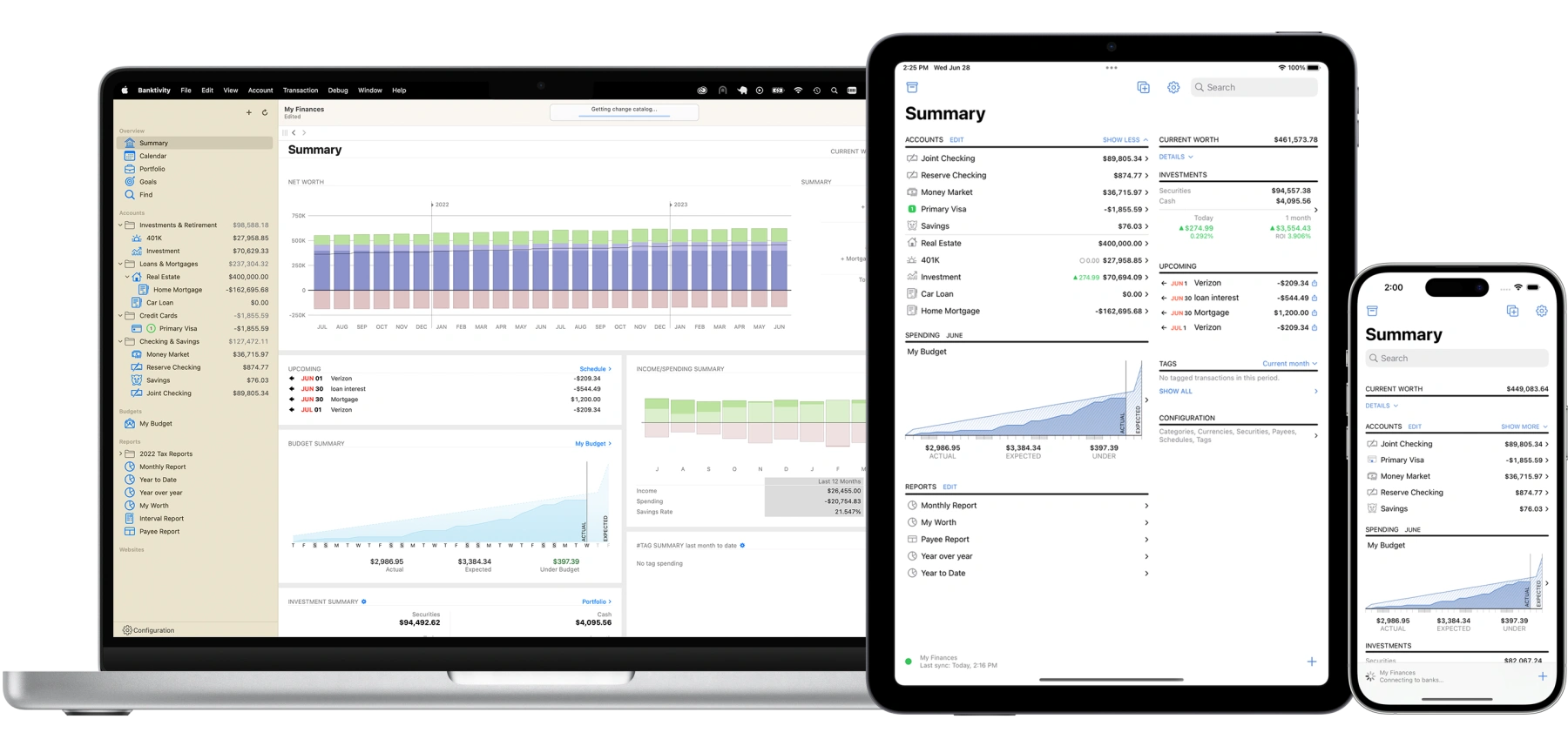 MacBook Pro, iPad and iPhone all showing the Banktivity summary/dashboard view
