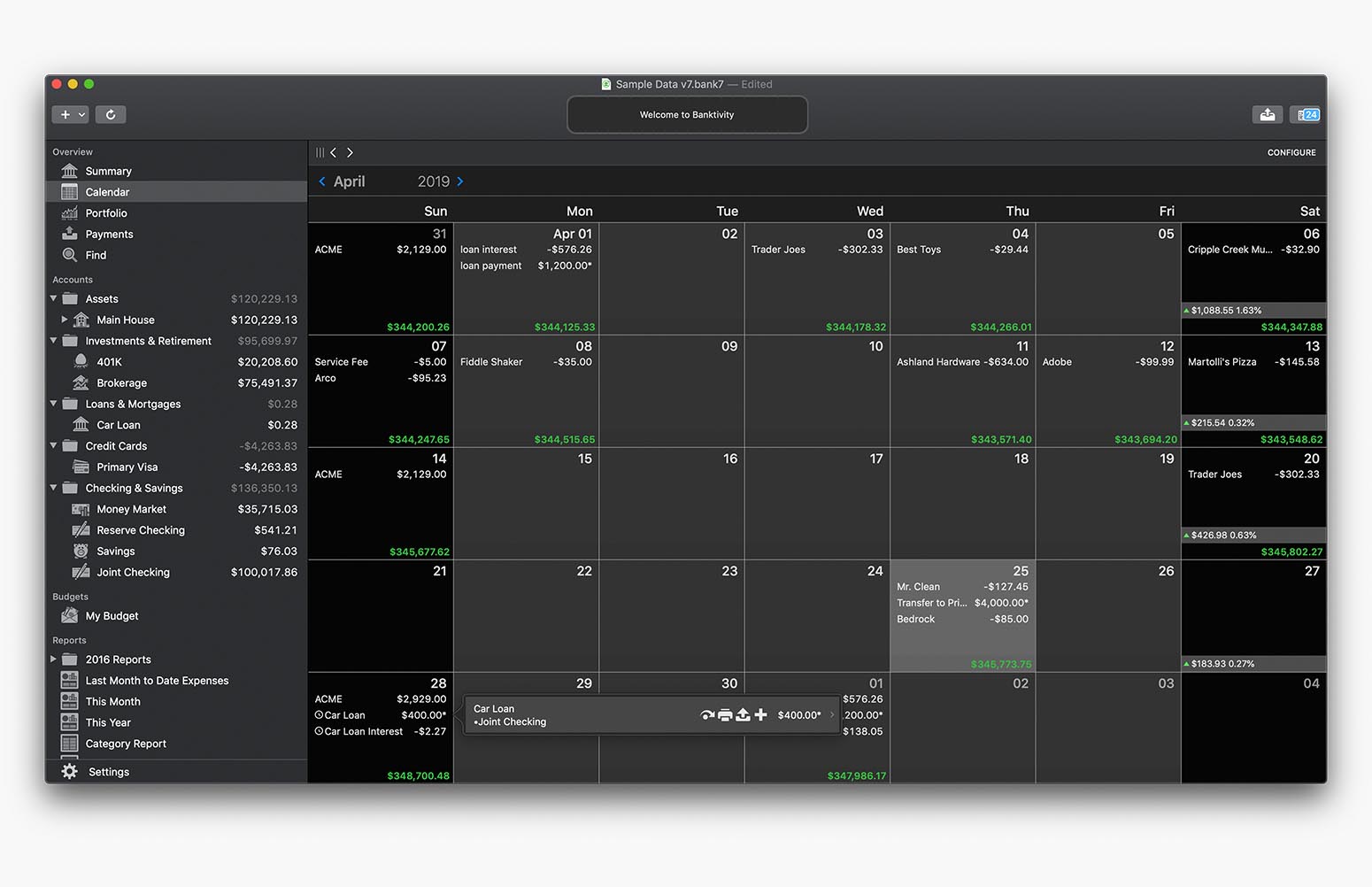 Banktivity calendar in Dark Mode