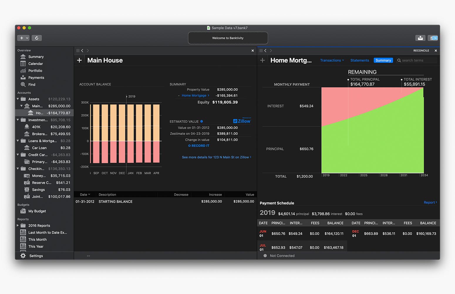 Banktivity real estate tracking in Dark Mode