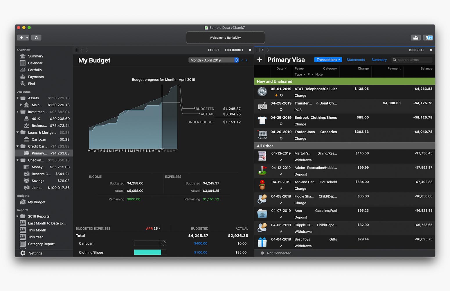 Banktivity register and budget in Dark Mode