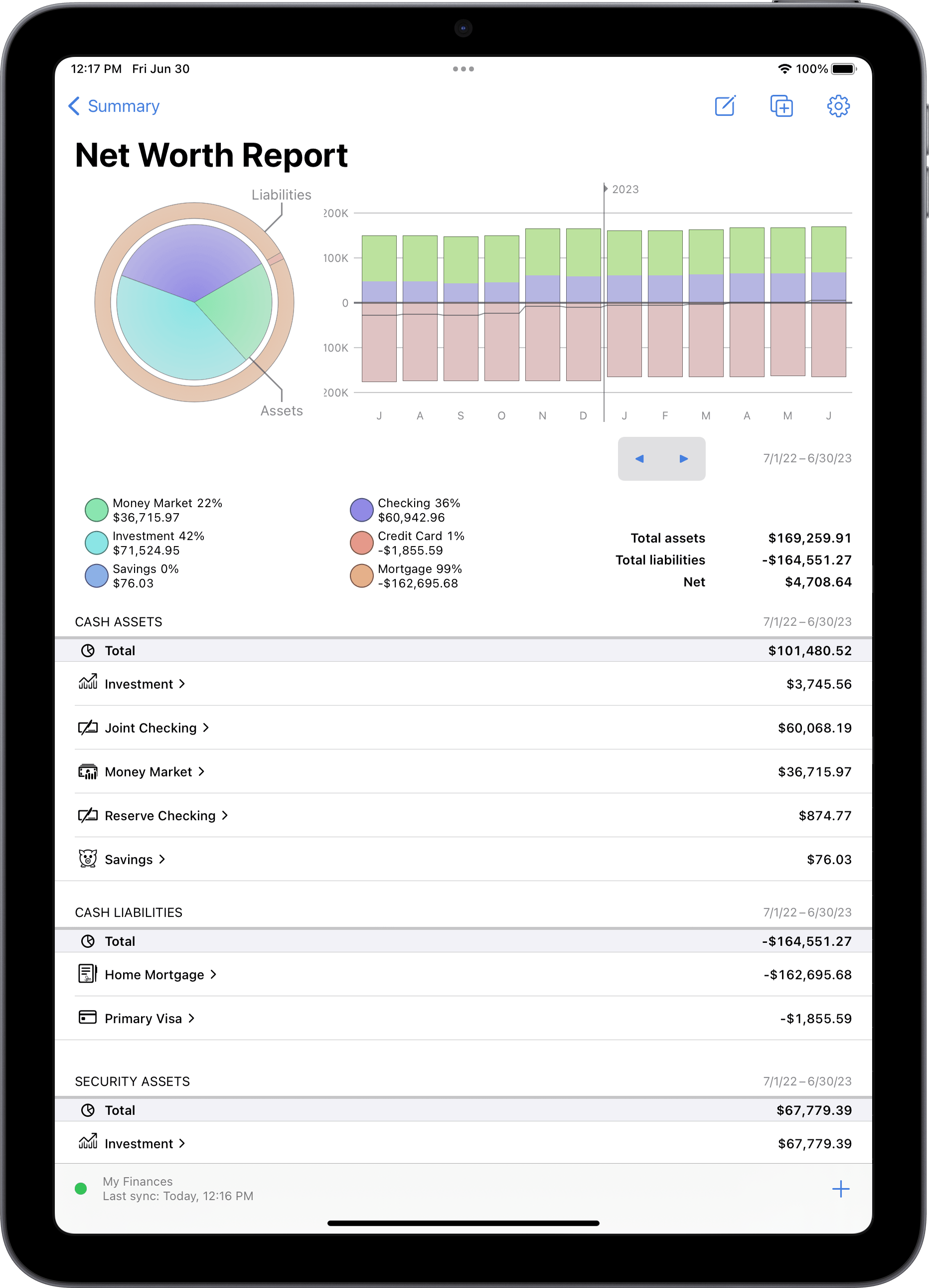 Net worth report in portrait mode on iPad